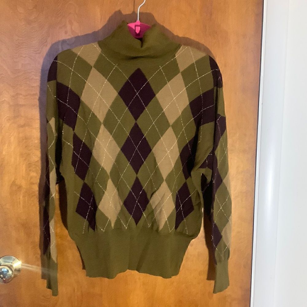 Vintage Escada GUC olive green/purple wool/cashmere blend argyle sweater 42